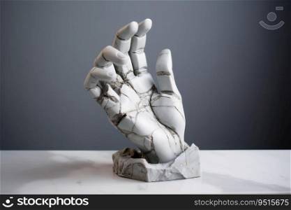 A sculpture of a broken human hand created with generative AI technology