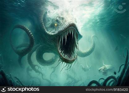 a sea monster rising from the depths, with its enormous tentacles and gaping maw, created with generative ai. a sea monster rising from the depths, with its enormous tentacles and gaping maw