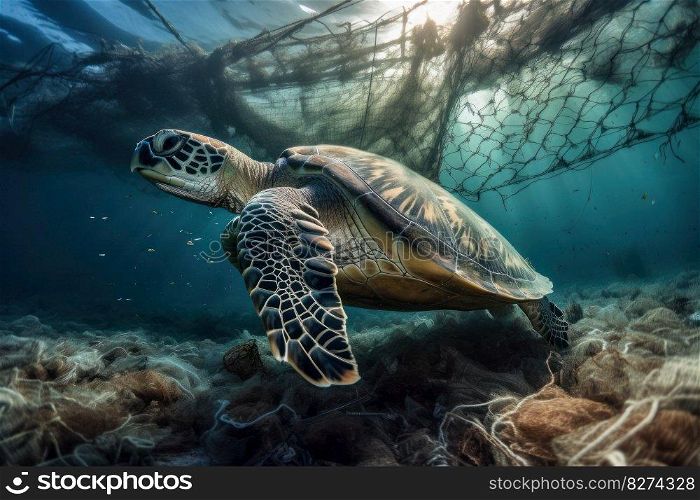 A sea turtle gracefully navigates the ocean floor, surrounded by aquatic plants and creatures. The image is a reminder of the beauty and fragility of the natural world. AI Generative.