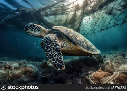 A sea turtle gracefully navigates the ocean floor, surrounded by aquatic plants and creatures. The image is a reminder of the beauty and fragility of the natural world. AI Generative.