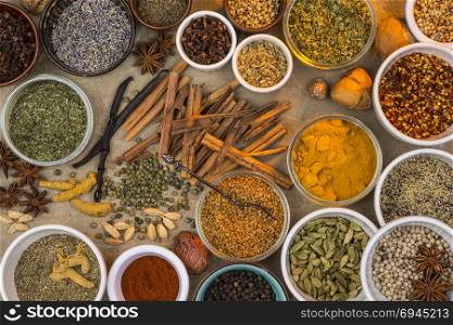 A selection of dried herbs and spices. Use in cooking to add seasoning and flavor to a meal.
