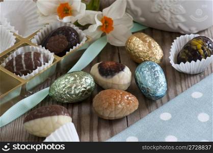 A Selection of Mini Chocolate Easter Eggs. Milk, Plain and Foil Wrapped.