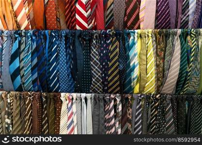 A selection of ties or neckties on display for sale in a mens fashion clothes shop