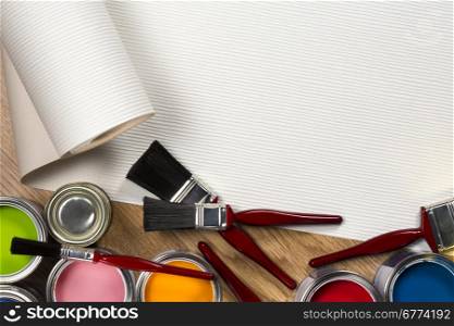 A selection of wallpaper and paints used in Household Maintenance and decorating - Space for Text