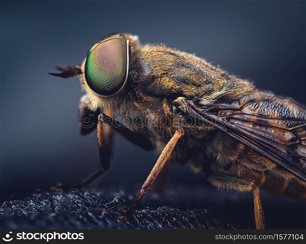 A selective focus shot of a housefly with a dark blurry background. Selective focus shot of a housefly with a dark blurry background