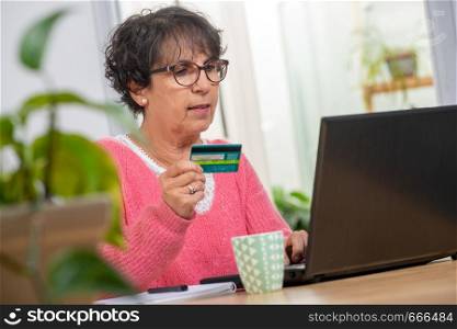 a senior brunette woman shopping with internet
