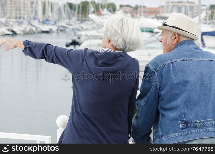 a senior couple pointing something