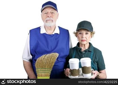 A senior couple stuck in boring service jobs because they can&rsquo;t afford retirement. Isolated on white.