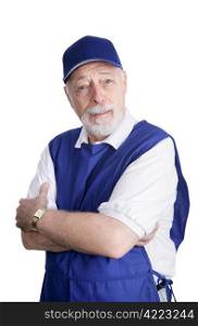 A senior man dressed for work in a discount store with an expression of disbelief. Isolated on white.