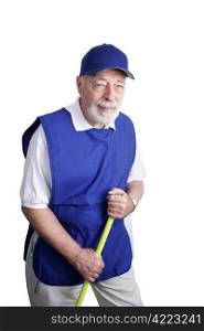 A senior man sweeping up at a discount store. He didn&rsquo;t plan for retirement. Isolated on white.