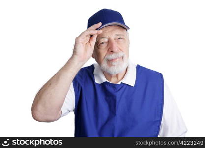 A senior man unable to retire is working as a greeter in a discount store. Isolated on white.