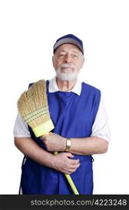 A senior man working at a discount store sweeping up. Isolated on white.