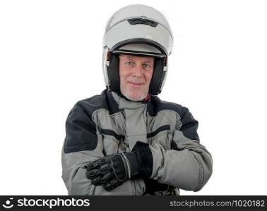 a senior rider with white helmet isolated on the white background