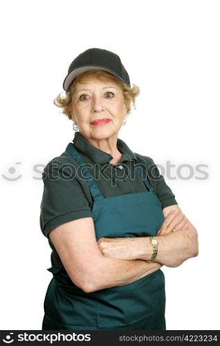 A senior woman doing a service job with pride and dignity. Isolated on white.