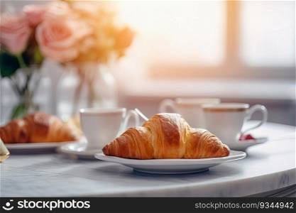 A serene breakfast scene with a white plate topped with a croissant next to a cup of coffee, bathed in the soft light of a sunrise, accompanied by beautiful flowers in a vase