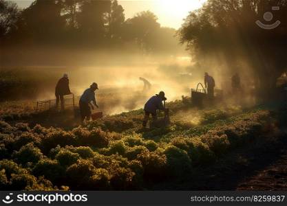 A serene, early morning vegetable harvest, capturing the dew-covered plants, the soft, golden light of sunrise, and the peaceful atmosphere of a farm before the day work begins. Generative AI.