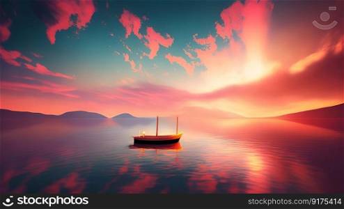 A serene journey across pastel skies and calm waters with a beautiful sunset view. Generative AI.
