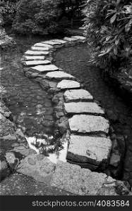 A series of stepping stones over a garden pond create an S-shaped path into the background. (Scanned from black and white film.)