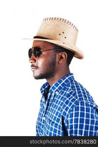 A serious looking black man in a profile picture with a cowboy hat, andsunglasses, isolated for white background.