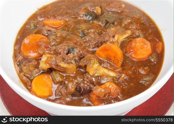 A serving bowl full of freshly home-made oxtail stew, a delicious traditional British or European food.