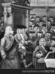 A session of the House of Commons about 1710, vintage engraved illustration. Magasin Pittoresque 1869.