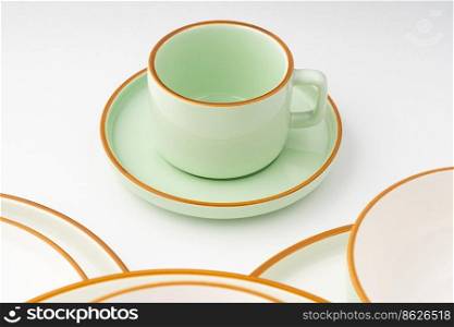A set of ceramic tableware isolated on white background. Set of ceramic tableware isolated on white background