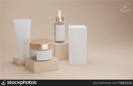 A set of cosmetic bottles for liquid, cream, gel, lotion. Cosmetics package, empty templates of transparent and white plastic containers: dispenser, cream jar, tube. 3d rendering.