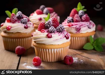A set of cupcakes with cream decorated with berries and powdered sugar. Cupcake with cream decorated with berries and powdered sugar