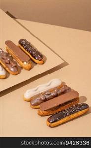 A set of delicious glazed donuts in a variety of flavors, arranged on a cardboard paper in an inviting display. Set of delicious glazed donuts in a variety of flavors, arranged on a cardboard paper in an inviting display