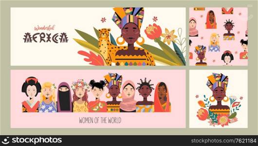 A set of female portraits of women of different Nations. Seamless pattern. Portrait of a beautiful African woman with a Cheetah. Vector illustration.. A set of female portraits of women of different Nations. Seamless pattern. Vector illustration.