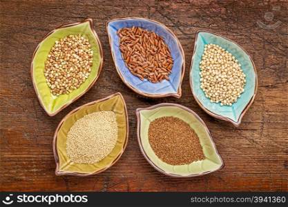 a set of five gluten free grains (sorghum, teff, amaranth,brown rice and buckwheat) - top view of leaf shape bowl against weathered, rustic wood