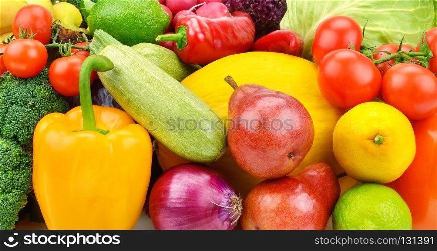 A set of fresh vegetables and fruits. Bright beautiful background.