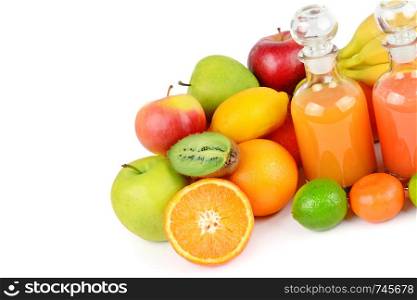 A set of fruits and juices isolated on a white background. Organic food. Free space for text.