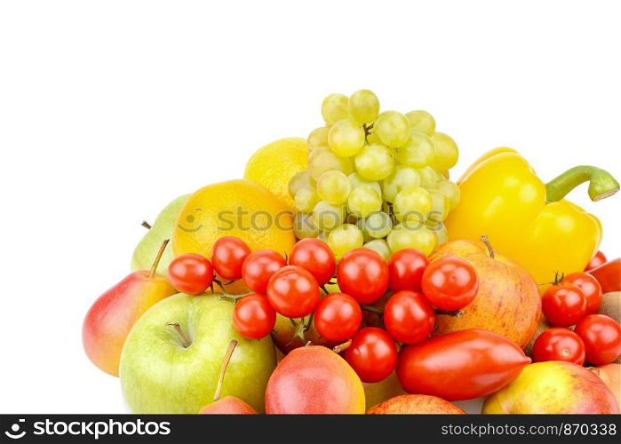 A set of fruits and vegetables isolated on white background. Free space for text. Healthy food.