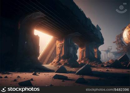 A set of heavy rails curving through the ruins of an abandoned alien space port created by AI 