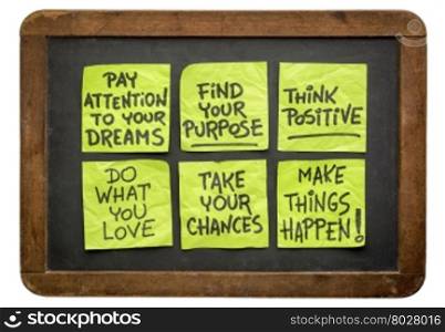 a set of inspirational and motivational phrases - handwriting on sticky notes on a vintage slate blackboard