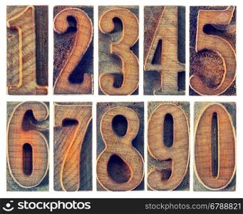 a set of isolated ten numbers from zero to nine in letterpress wood type printing blocks