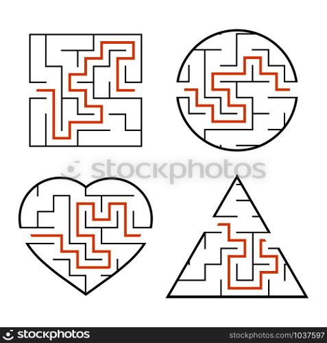 A set of mazes. Circle, square, triangle, heart. Game for kids. Puzzle for children. One entrances, one exit. Labyrinth conundrum. Flat vector illustration isolated on white background. With answer. A set of mazes. Circle, square, triangle, heart. Game for kids. Puzzle for children. One entrances, one exit. Labyrinth conundrum. Flat vector illustration isolated on white background. With answer.
