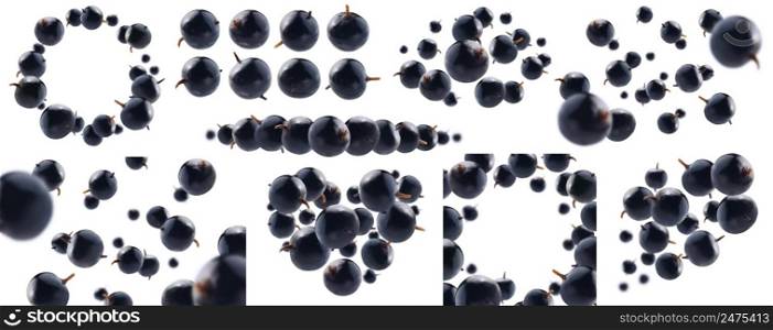 A set of photos. Blackcurrant berries levitate on a white background.. A set of photos. Blackcurrant berries levitate on a white background