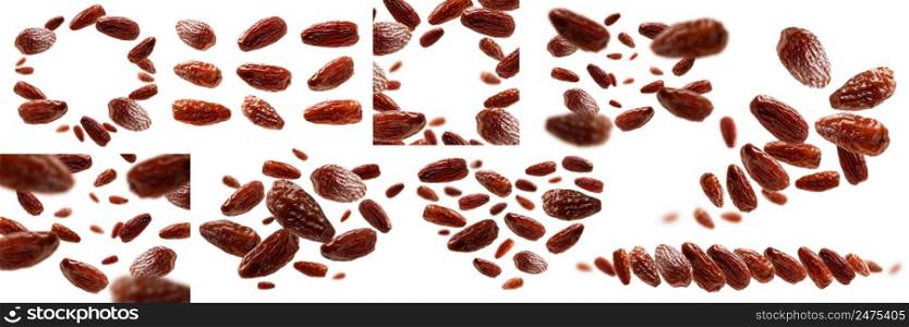 A set of photos. Dried dates levitate on a white background.. A set of photos. Dried dates levitate on a white background