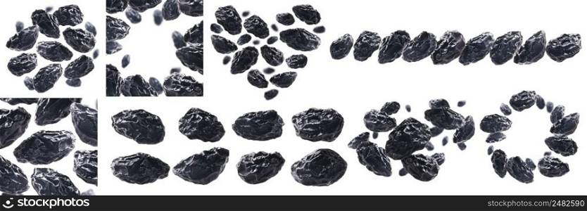 A set of photos. Dried prunes levitate on a white background.. A set of photos. Dried prunes levitate on a white background