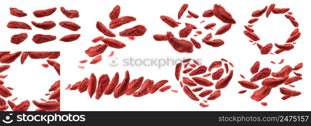 A set of photos. Dry Goji berries levitate on a white background.. A set of photos. Dry Goji berries levitate on a white background
