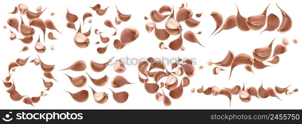 A set of photos. Garlic cloves levitate on a white background.. A set of photos. Garlic cloves levitate on a white background