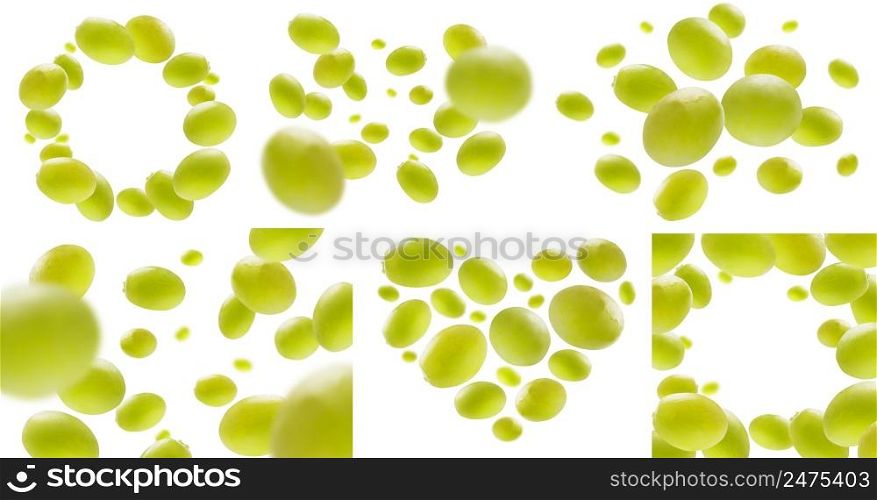 A set of photos. Green grapes levitate on a white background.. A set of photos. Green grapes levitate on a white background
