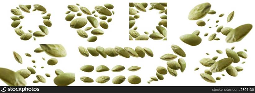 A set of photos. Green lentils levitate on a white background.. A set of photos. Green lentils levitate on a white background
