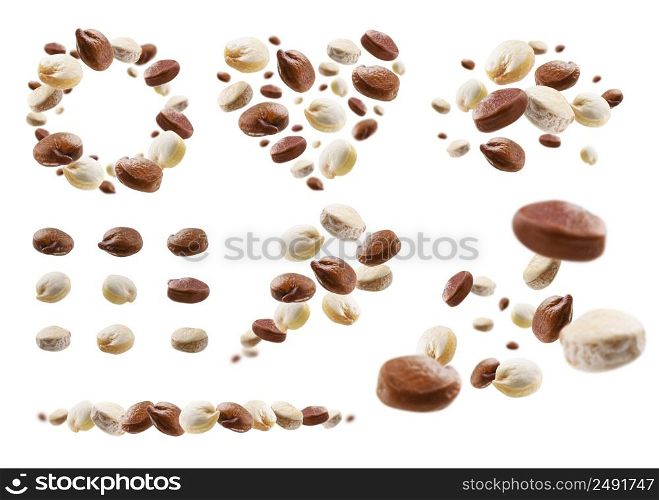 A set of photos. Red and white quinoa levitate on a white background.. A set of photos. Red and white quinoa levitate on a white background