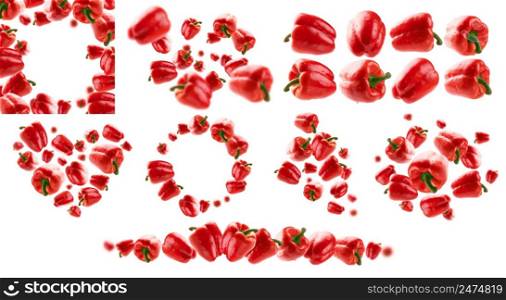 A set of photos. Red paprika levitates on a white background.. A set of photos. Red paprika levitates on a white background