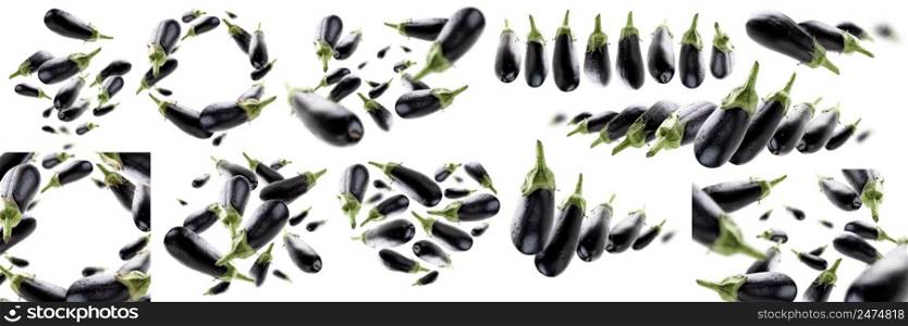 A set of photos. Ripe eggplants levitate on a white background.. A set of photos. Ripe eggplants levitate on a white background