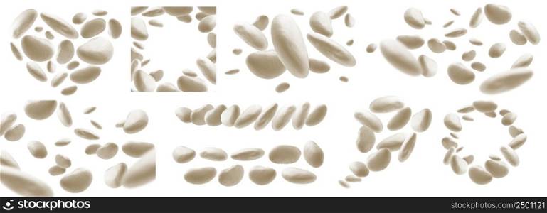 A set of photos. White beans levitate on a white background,. A set of photos. White beans levitate on a white background