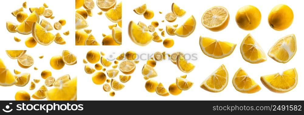 A set of photos. Yellow lemons levitate on a white background.. A set of photos. Yellow lemons levitate on a white background